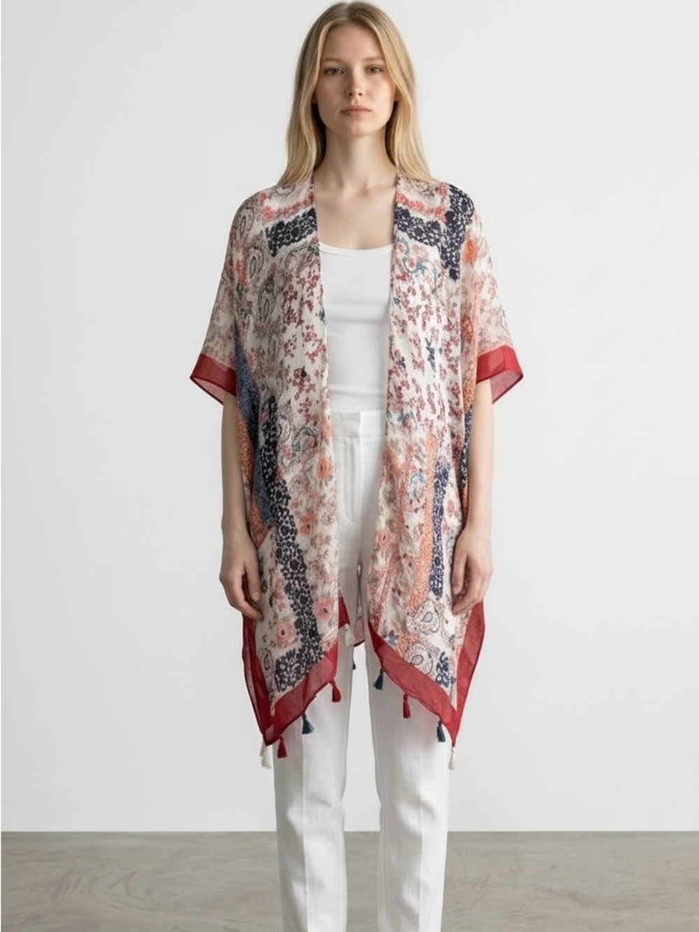 4/$40‎ Raj Paisley Floral Print Tassels Red Blue Cream Kimono